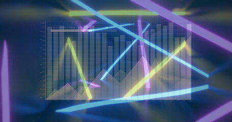 Floating holographic data panel displaying bar and line charts on virtual stage, with neon beams © vectorfusionart