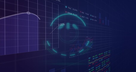 Displaying glowing neon circular HUD interface in virtual dashboard, with transparent data panels