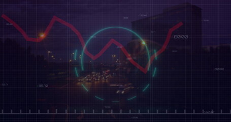 Overlaying red zigzag graph and teal HUD circle on nighttime highway, with grid and numeric labels