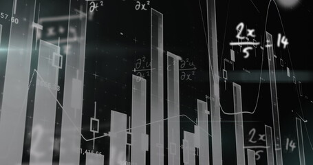 Displaying 3D bar and candlestick charts in virtual dashboard, with math notation overlays © vectorfusionart