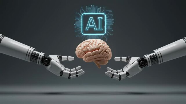 Robot hands displaying human brain beneath AI logo. Concept of artificial intelligence, machine learning, and futuristic technology footage.