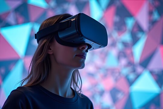 A person wearing VR goggles with their environment morphing into sharp triangles and grids.