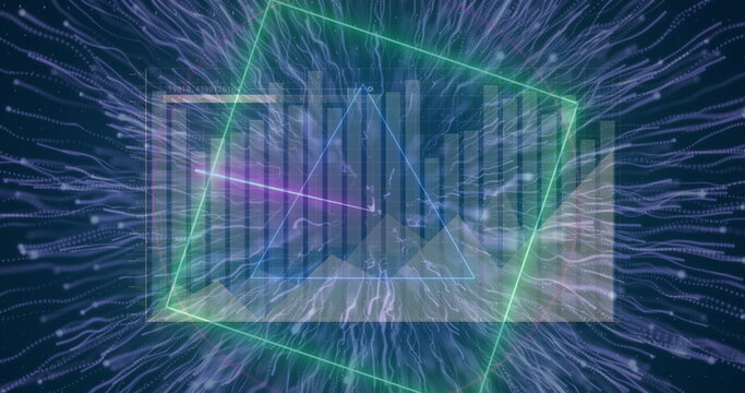 Rotating 3D bar chart with neon square outline, blue line, streams, magenta beam in virtual space