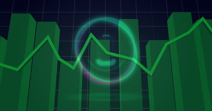 Displaying glowing battery icon showing energy data on dark dashboard with 3D bars and neon graph - Powered by Adobe