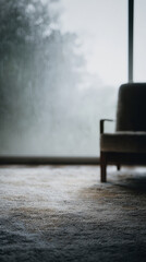 Cozy room with muted tones and layered carpets on rainy day