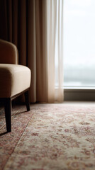Cozy room with muted tones and layered carpets by window