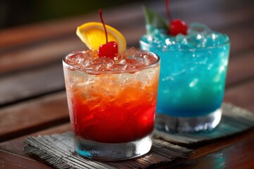 Colorful Cocktail with Fruit Garnish on Wooden Table