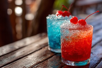 Red and Blue Cocktail with Cherry on Wooden Table