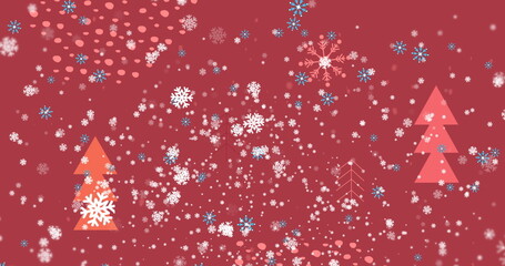 Falling snowflakes dancing over red digital background, featuring pink tree shapes and pastel dots