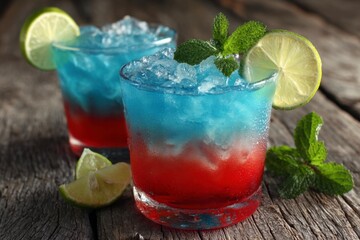 Colorful Layered Cocktail with Lime and Mint