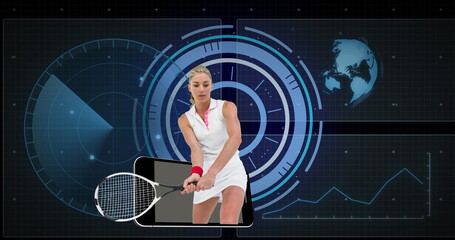 Swinging tennis player in polo dress hitting backhand shot in virtual tech arena with smartphone
