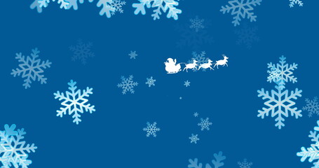 Soaring Santa Claus wearing suit riding sleigh across deep blue backdrop, with reindeer, snowflakes