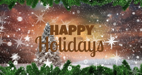 Showing winter holiday greeting, frosted pine tree on snow with gold HAPPY text script Holidays © vectorfusionart