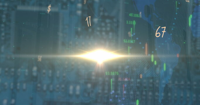 Glowing light burst overlaying circuit board grid, showing candlesticks, numbers and world map