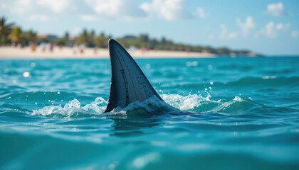 Fototapeta premium Shark fin emerges from turquoise ocean near a tropical beach.