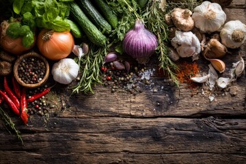 Vegetables and Spices on Rustic Wood Table