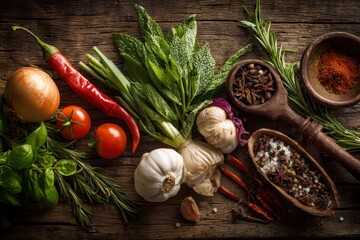 Fresh Herbs and Spices on Wooden Table