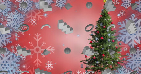 Evergreen Christmas tree glowing in red gradient studio with floating snowflake icons, copy space