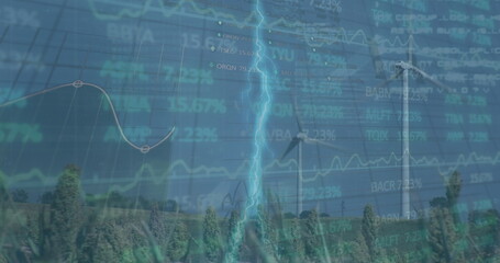 Towering wind turbines intersecting lightning at wind farm, with grass and financial overlays