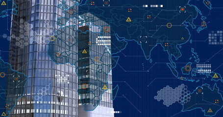 Displaying pair of glass skyscraper towers rising on digital grid world map overlay, copy space