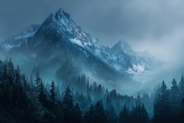 Snowy Mountain Peak in Foggy Forest Landscape