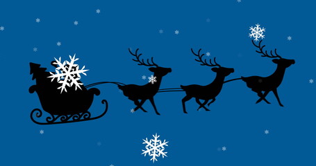 Flying sleigh silhouette being pulled by three reindeer across snowy night sky, with snowflakes