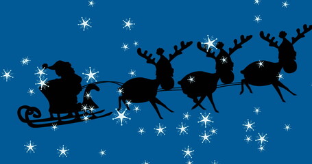 Gliding silhouette Santa Claus riding sleigh across star-studded sky, with three reindeer harnessed © vectorfusionart