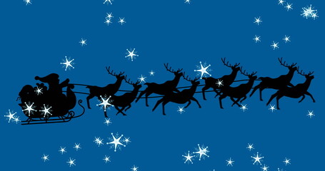 Flying silhouetted Santa Claus in sleigh with reins and pulling eight reindeer under snowflake sky © vectorfusionart