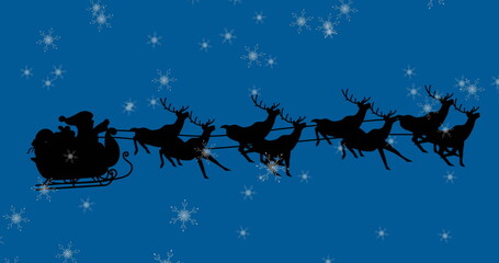 Flying Santa through deep blue sky, with eight reindeer pulling sleigh with gift sack, falling snow © vectorfusionart