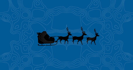 Flying silhouette of Santa's sleigh on blue contour background, carrying gifts and four reindeer