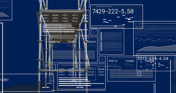 Fototapeta Displaying scaffold with wood platform occupying left area in blueprint interface, with data panels