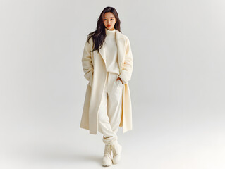 female model wearing a cream longline coat