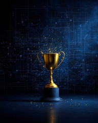 A stunning golden trophy sparkles against a dark blue background, symbolizing achievement and success.
