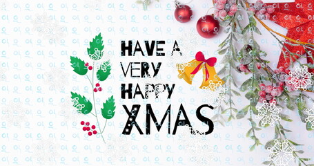 Displaying bold black XMAS greeting on digital card with holly leaves, bells and snowflake motifs