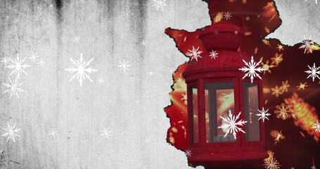 Fototapeta premium Displaying traditional red lantern emerging through torn-edge with snowflake symbols, copy space
