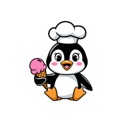 Cute cartoon penguin chef holding a strawberry ice cream cone