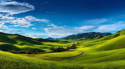 Obraz premium A breathtaking view of rolling green hills and a winding path under a vibrant blue sky.