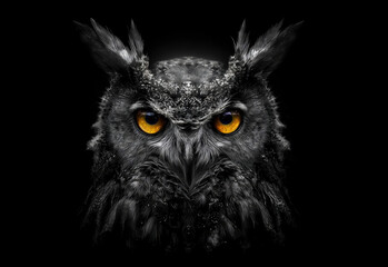 Obraz premium This captivating image showcases a fierce owl with striking golden eyes against a stark black background, embodying wisdom and mystery in nature's design.