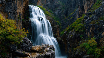 Obraz premium Experience the serene beauty of a majestic waterfall flowing through rugged cliffs, surrounded by vibrant greenery, encapsulating nature's tranquility and power in this breathtaking landscape.