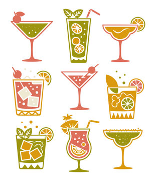Set of colorful cocktail and drink silhouettes in various glass shapes. Vibrant beverage collection perfect for bar, party, summer, and menu designs. Isolated on transparent background.