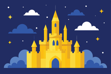 Enchanting golden castle illustration with dreamy clouds and stars against a dark blue background, perfect for fairy tales and magical themes.