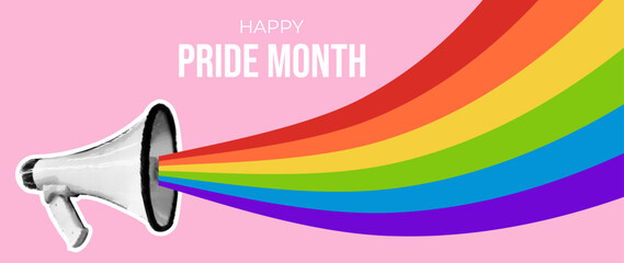 Happy Pride Month background. 2025 Gay Pride Month. Vector banner with collage halftone loudspeaker and wavy pride flag on pink background with copy space