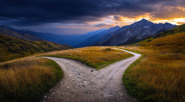 Discover the beauty of nature as two trails diverge in a breathtaking mountain landscape, illuminated by a vibrant sunset, inviting adventurers to choose their path in tranquility.