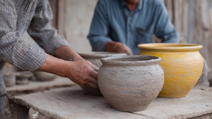 Two people crafting pottery with focus on clay pots on wooden table