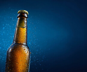 A frosty beer bottle glistens with droplets against a deep blue background, capturing the essence of refreshment and relaxation, perfect for any social gathering or quiet evening.
