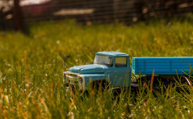 A light blue miniature toy truck with a darker blue cargo bed parked in tall green grass under...