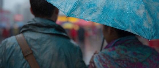 Two people sharing blue umbrella on rainy day