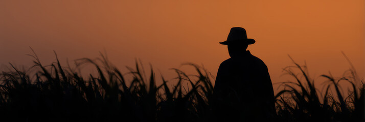 Silhouette of person in hat walking through cornfield at sunset