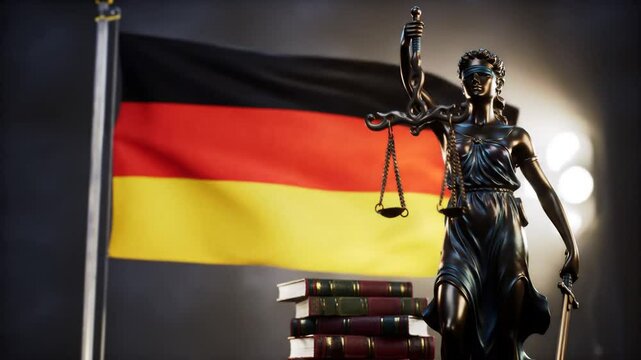 German Justice Statue with Waving Flag and Books