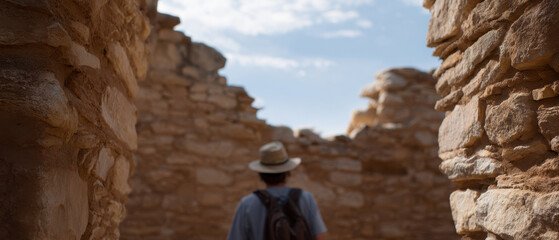 Backpacker wearing hat explores ancient stone ruins under bright blue sky